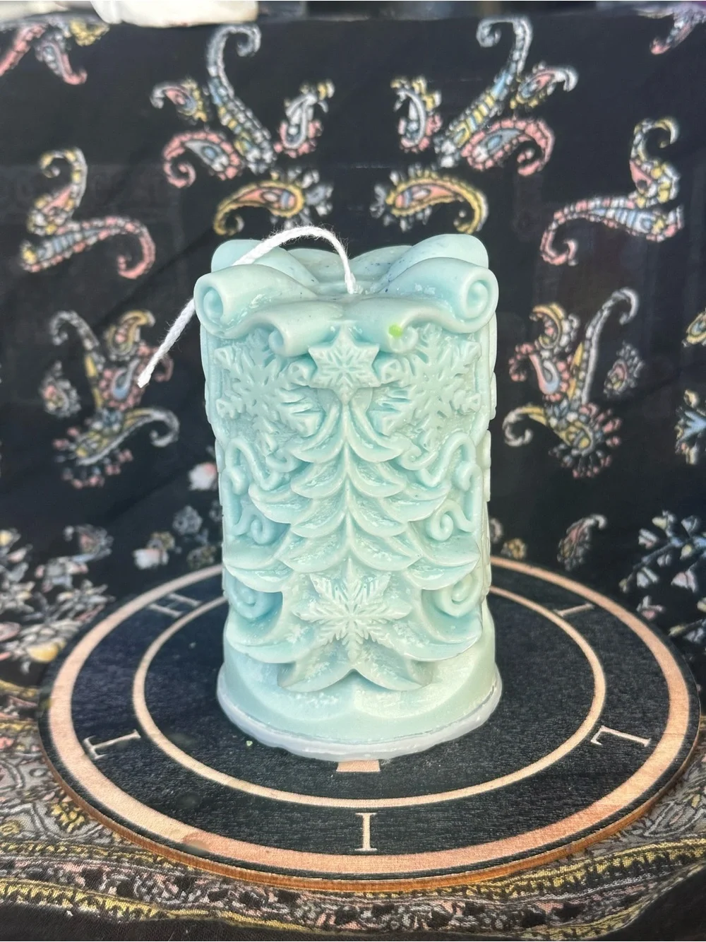 Icy Blue Winter Evergreen Pillar Candle